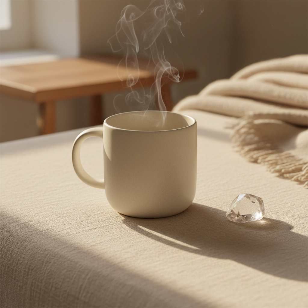Restore — Ceramic Ritual Mug by EnergyEssence on cream linen surface with morning light