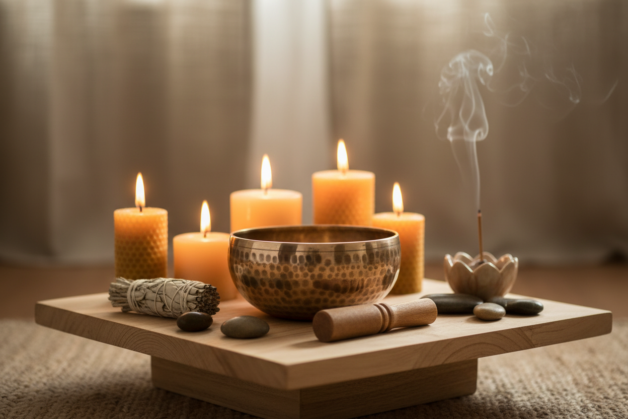 Resonance ritual - Handcrafted singing bowl on meditation altar, sacred sound moment © EnergyEssence