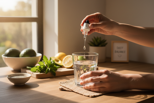 Daily balance ritual - Adding metabolic drops to water with morning light, energy support © EnergyEssence